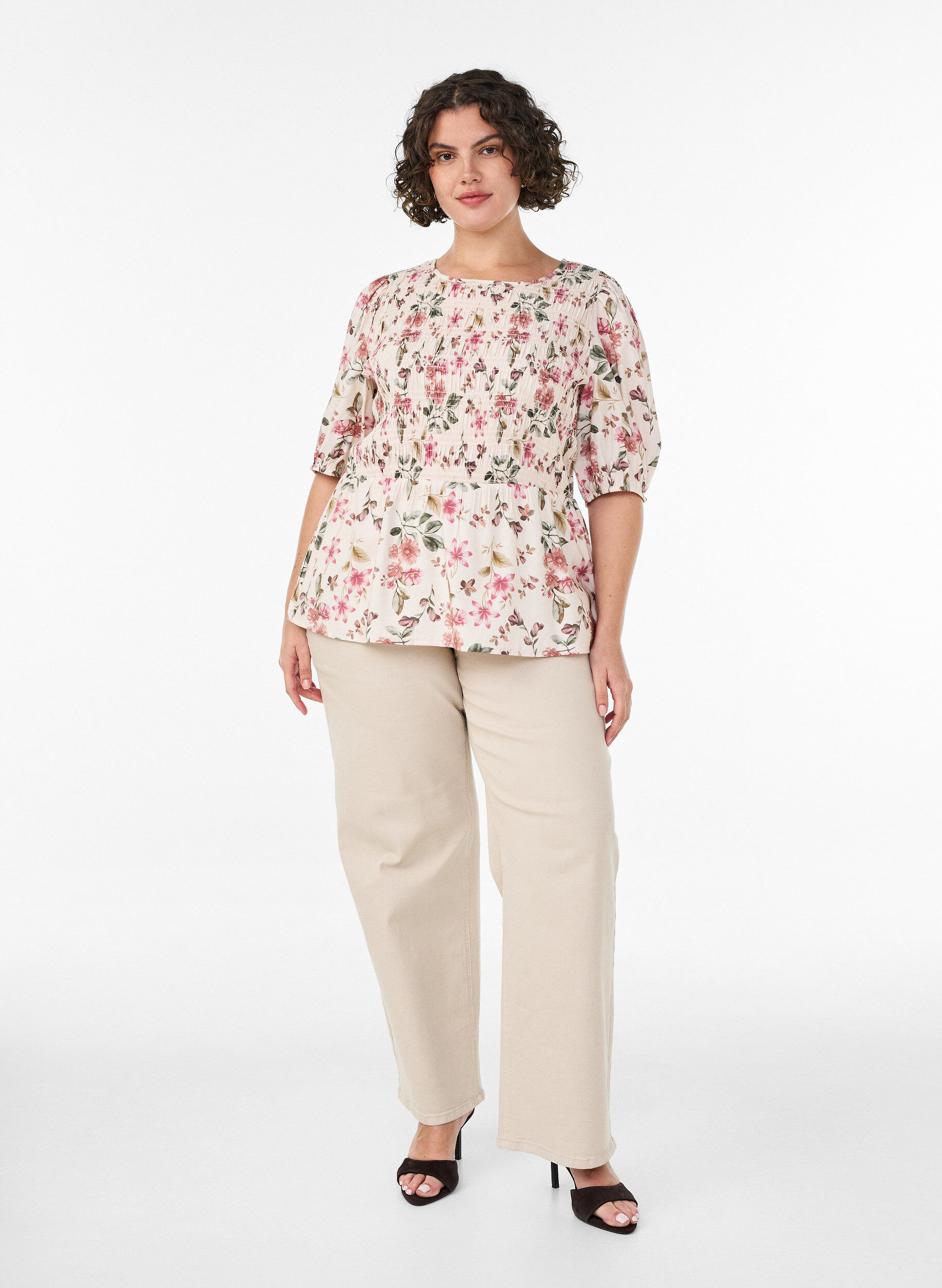 ZizzifashionViscose blouse with smock and peplum effect, Vanilla, Model image number 1