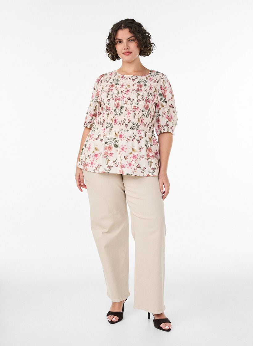 Viscose blouse with smock and peplum effect, Vanilla, Model image number 1