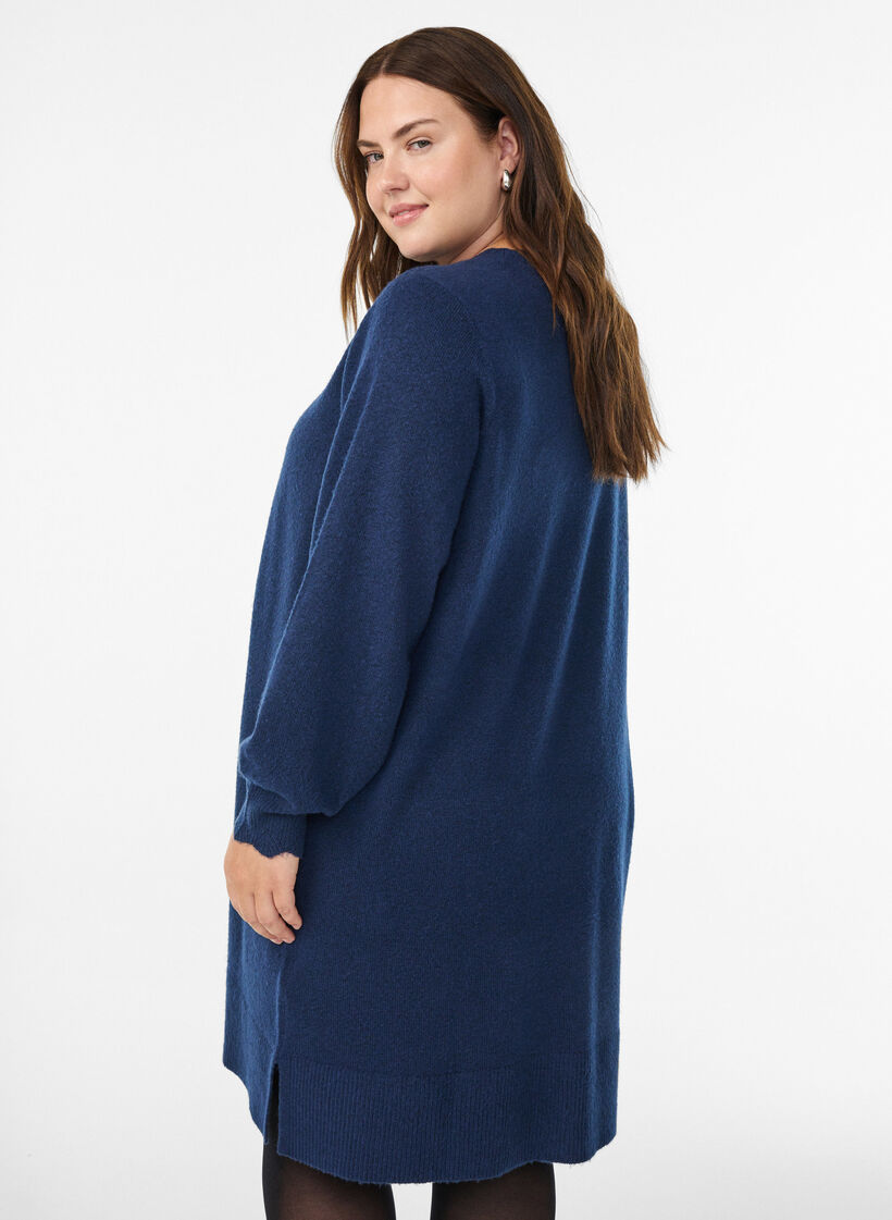 Short knitted dress with wavy hem and slits, Blue, Model image number 2