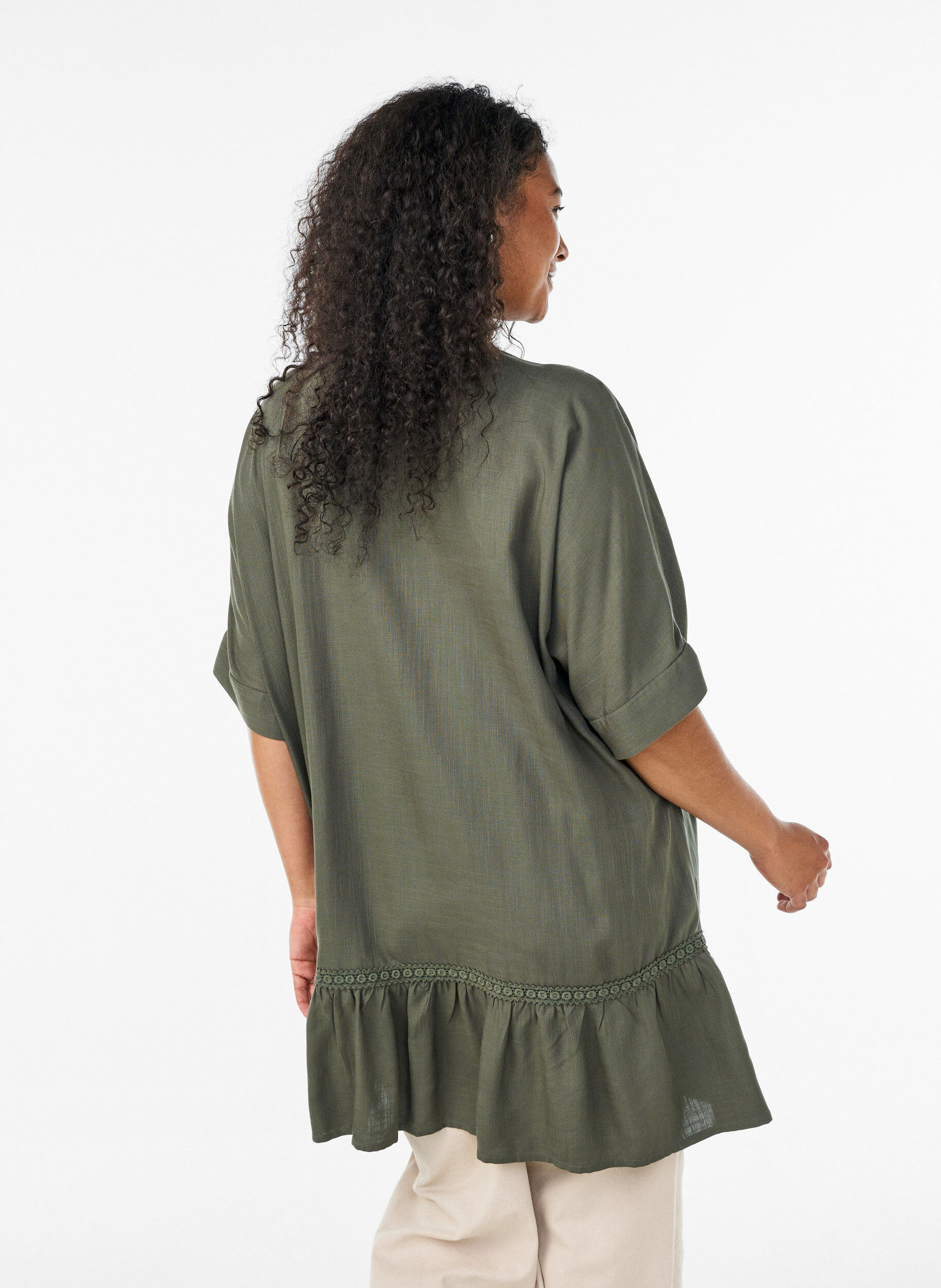 ZizzifashionViscose tunic with buttons and frill hem, Green, Model image number 2
