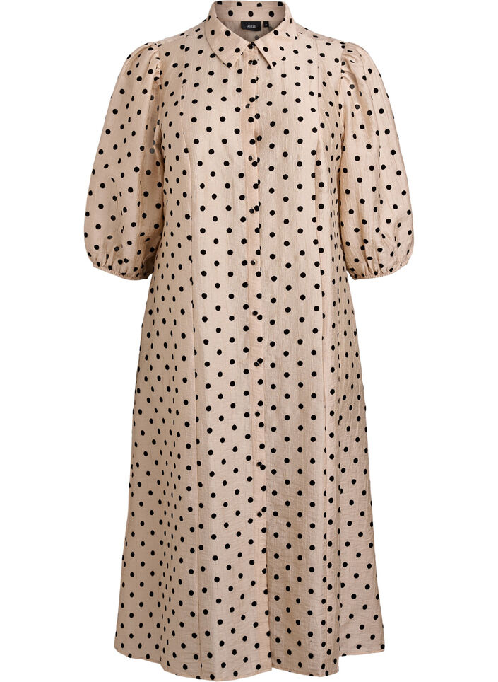 Midi shirt dress with polka dots and 3/4 sleeves, Beige, Packshot image number 0