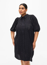 Cotton shirt dress with broderie anglaise, Black, Model