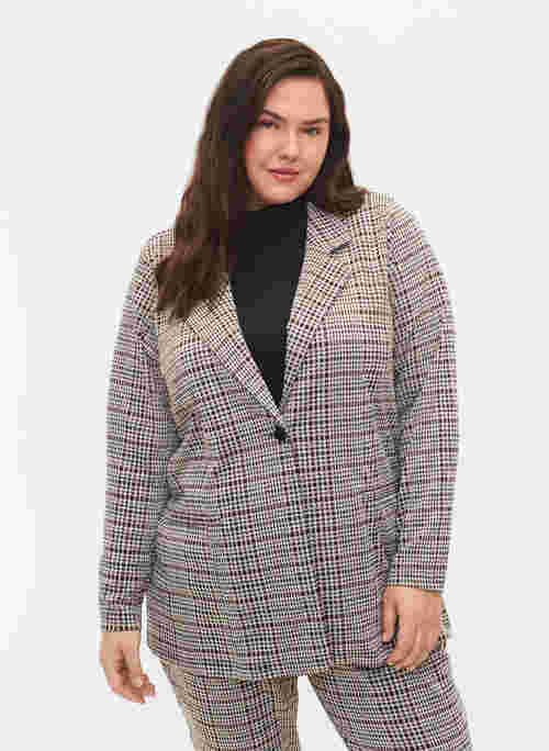 Checkered blazer with button closure, Brown Check, Model