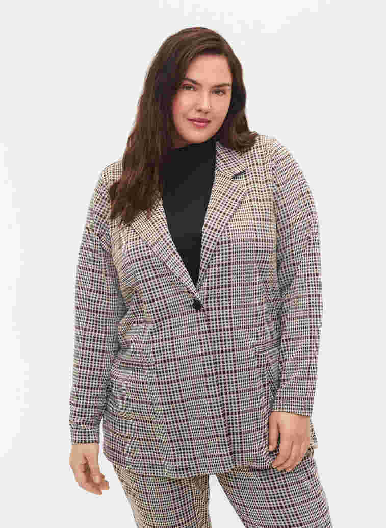 Checkered blazer with button closure, Brown Check, Model image number 0