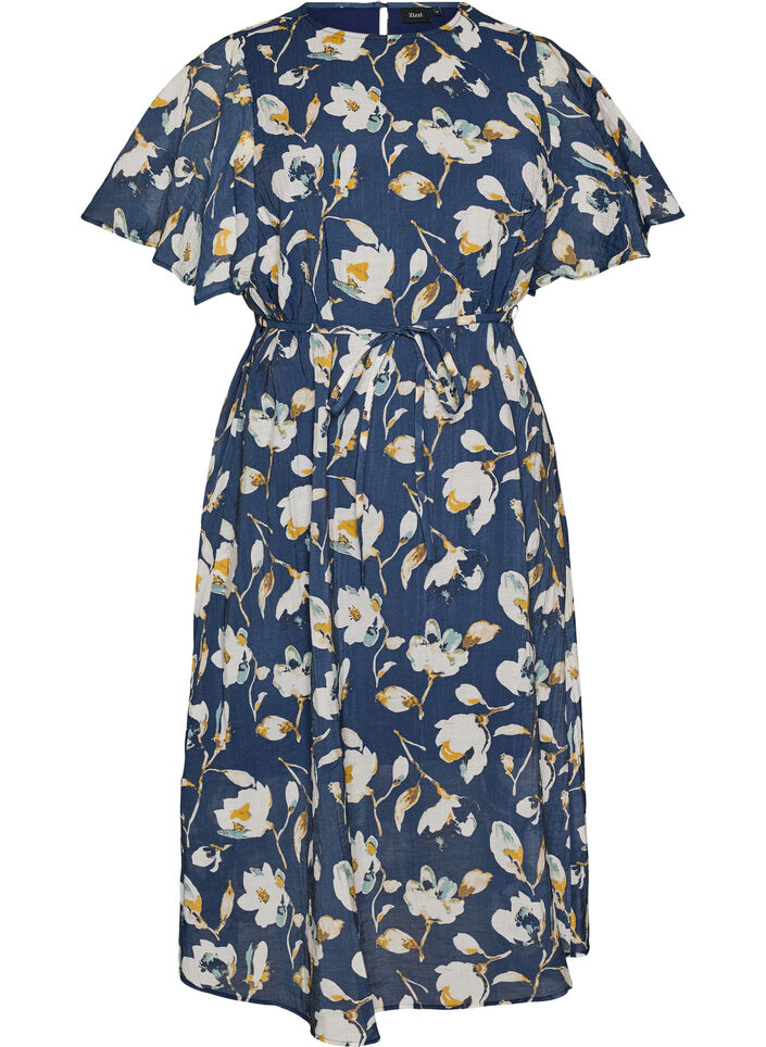 Ankle-length dress with flutter sleeves and tie-waist, Blue, Packshot image number 0