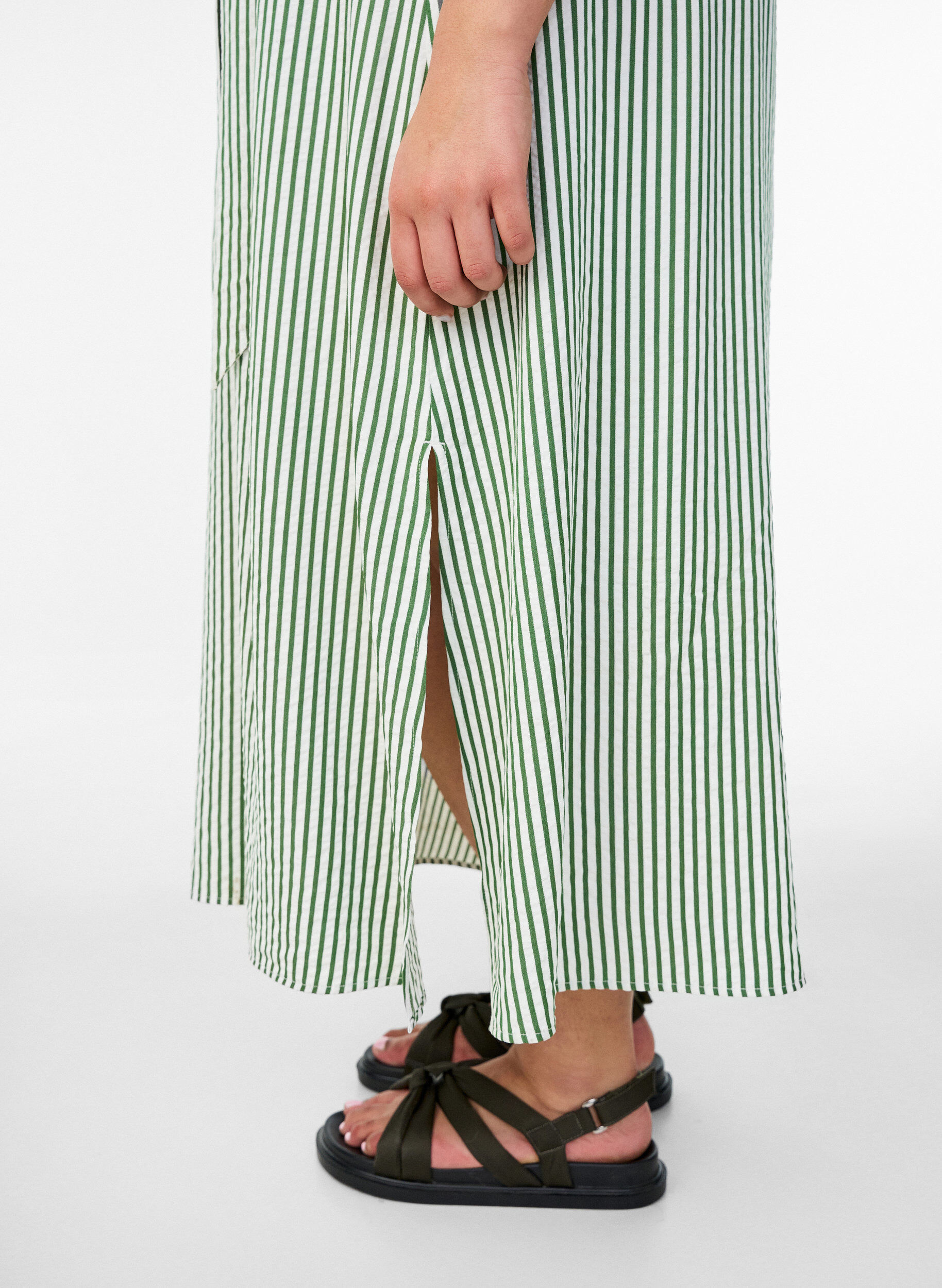 ZizzifashionAnkle-length shirt dress with tie belt and stripes, Green, Model image number 2