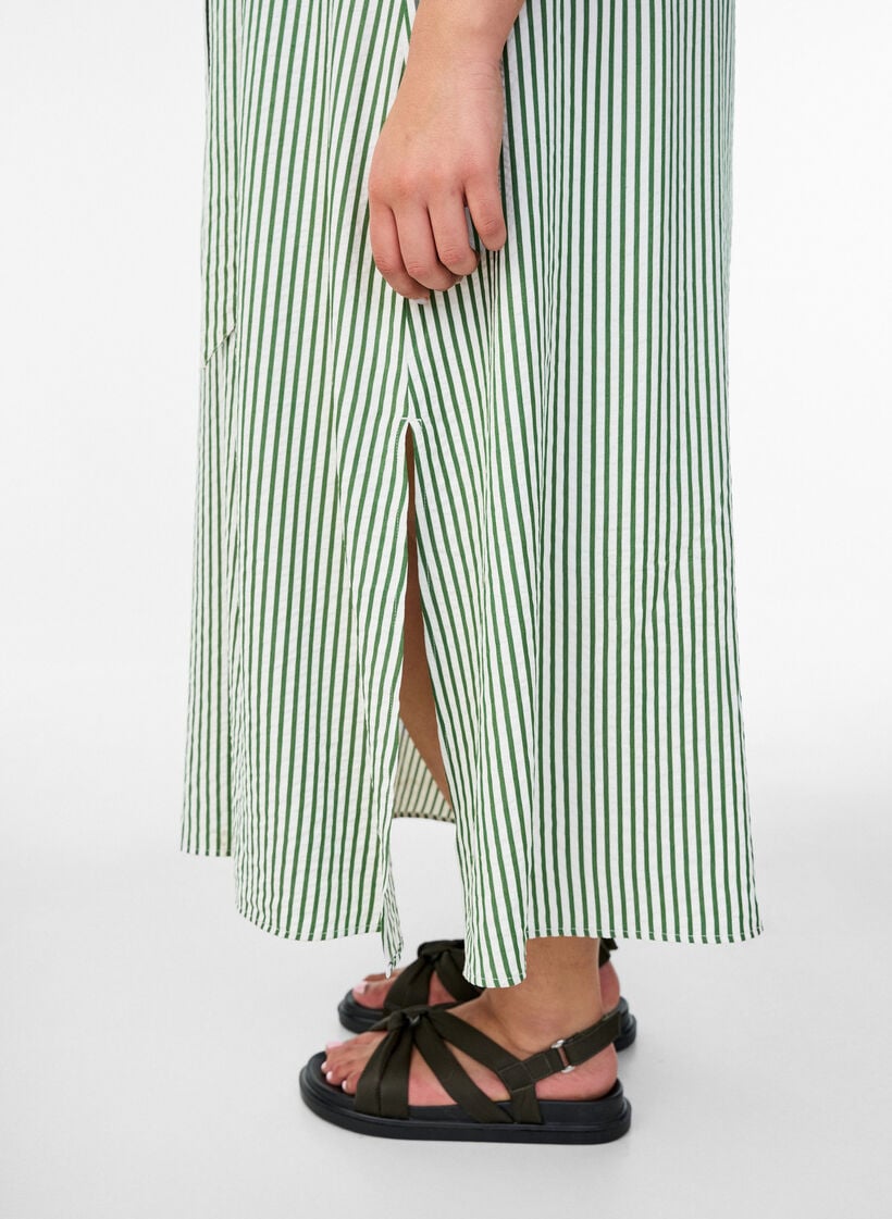 Ankle-length shirt dress with tie belt and stripes, Green, Model image number 2