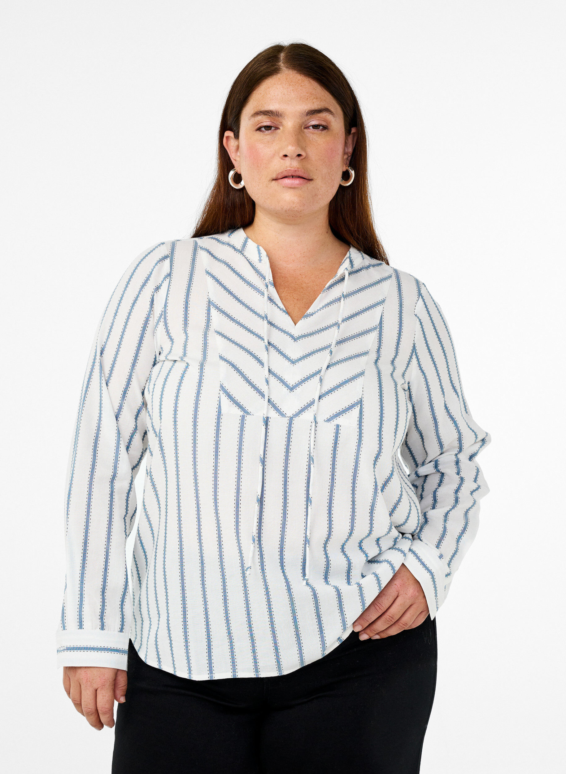 Zizzifashion Striped blouse with tie detail, White, Model image number 0