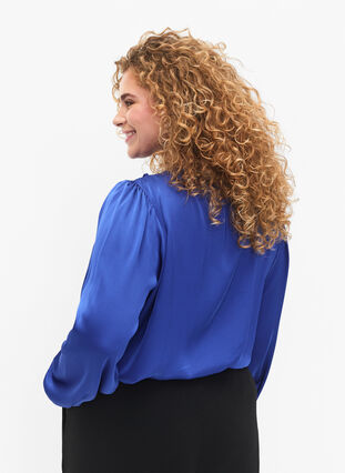 Satin shirt blouse with ruffle details, Deep Ultramarine, Model image number 1