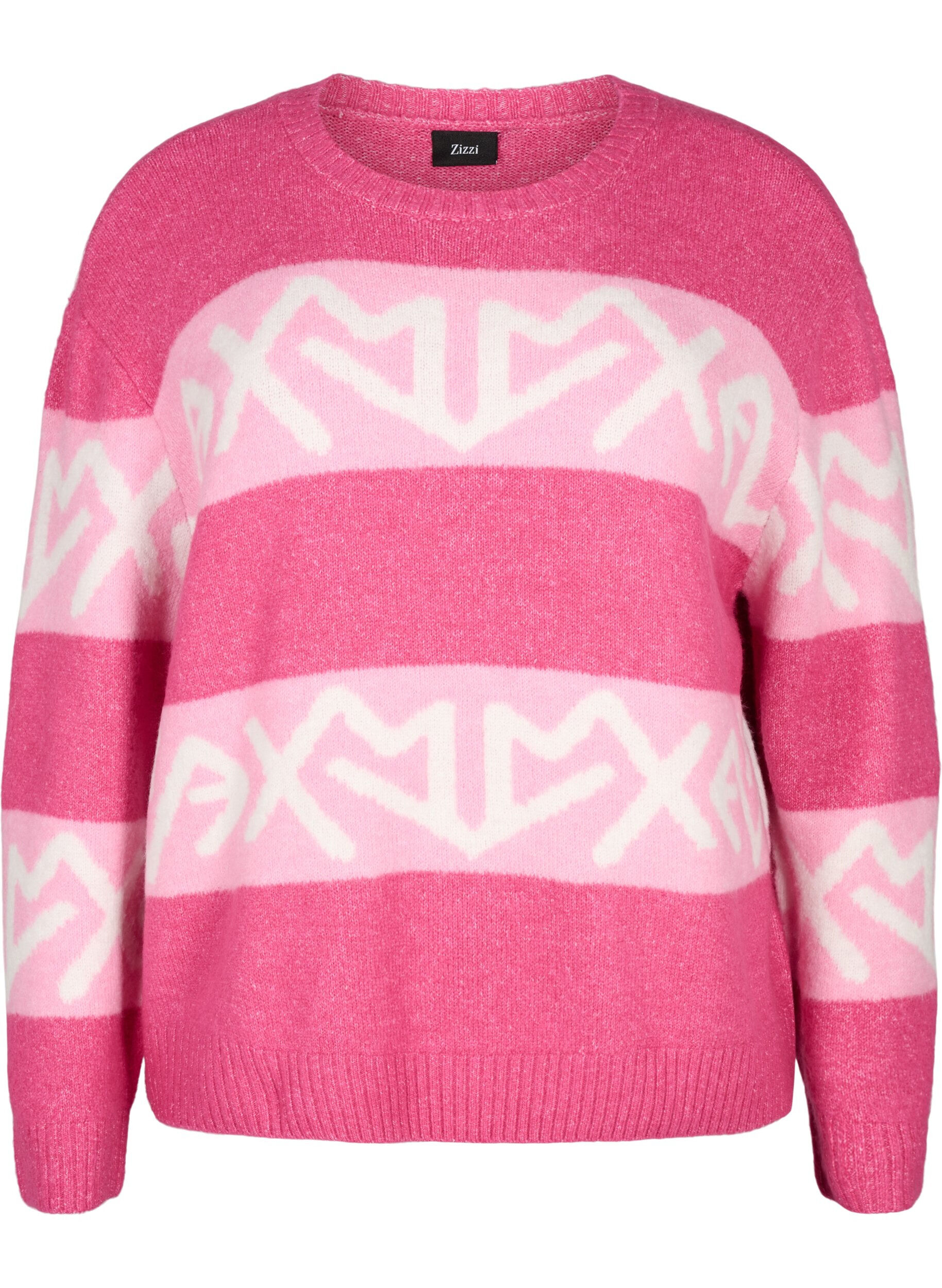 Zizzifashion Striped knit sweater with graphic pattern, Raspberry Rose Comb, Packshot image number 0