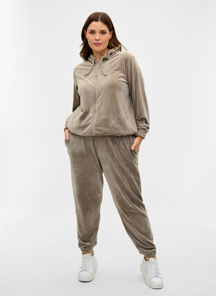 Velour cardigan with zipper and hood, Taupe Gray, Model image number 2