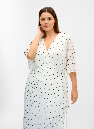 Dotted midi dress with wrap effect, Bright White w. Dots, Model image number 1