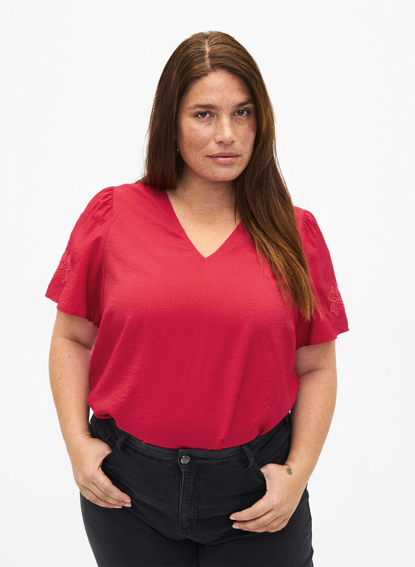 Short sleeve viscose blouse with embroidery, Red, Model image number 0