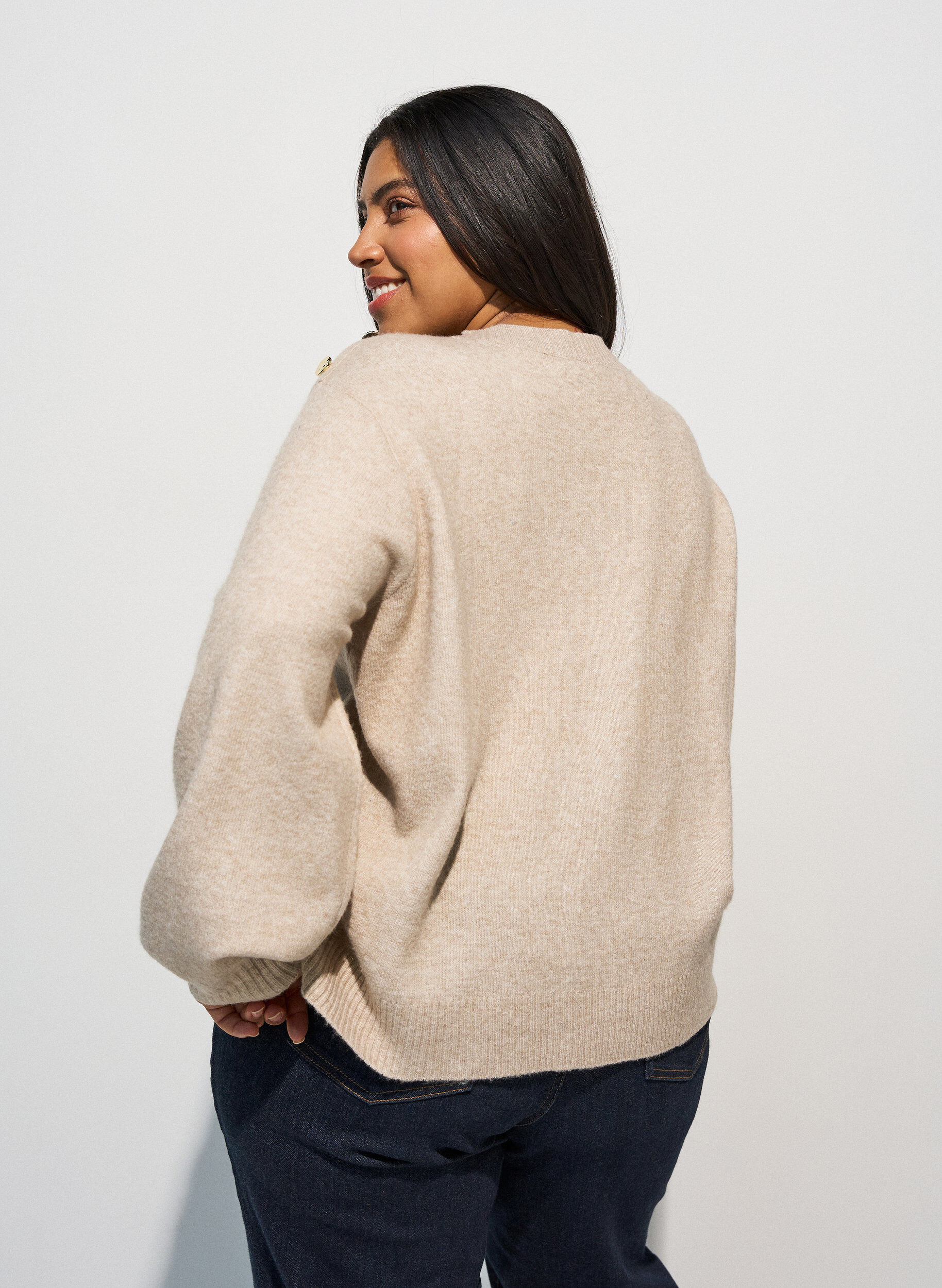 ZizzifashionKnit blouse with button detail, Beige, Model image number 2