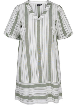Striped cotton dress with short sleeves, Thyme Stripe, Packshot image number 0