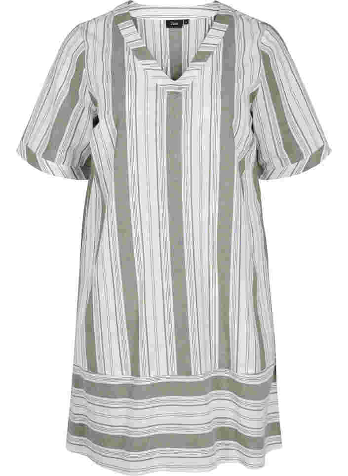 Striped cotton dress with short sleeves, Thyme Stripe, Packshot image number 0