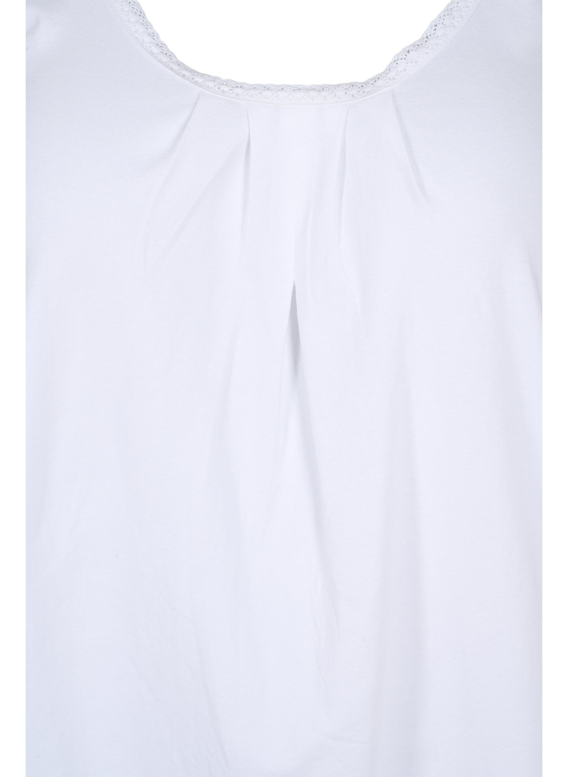 Zizzifashion Cotton top with rounded neckline and lace trim, Bright White, Packshot image number 2
