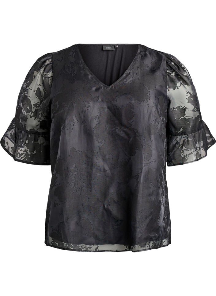 Organza-look party blouse with a tone-on-tone pattern, Black, Packshot image number 0