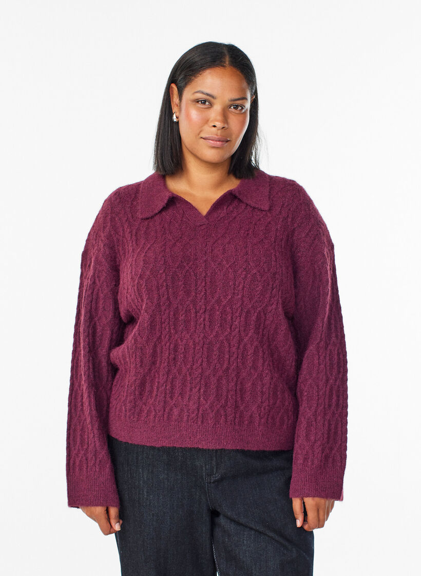 Cable knit sweater with polo collar, Dark Bordeaux, Model image number 0