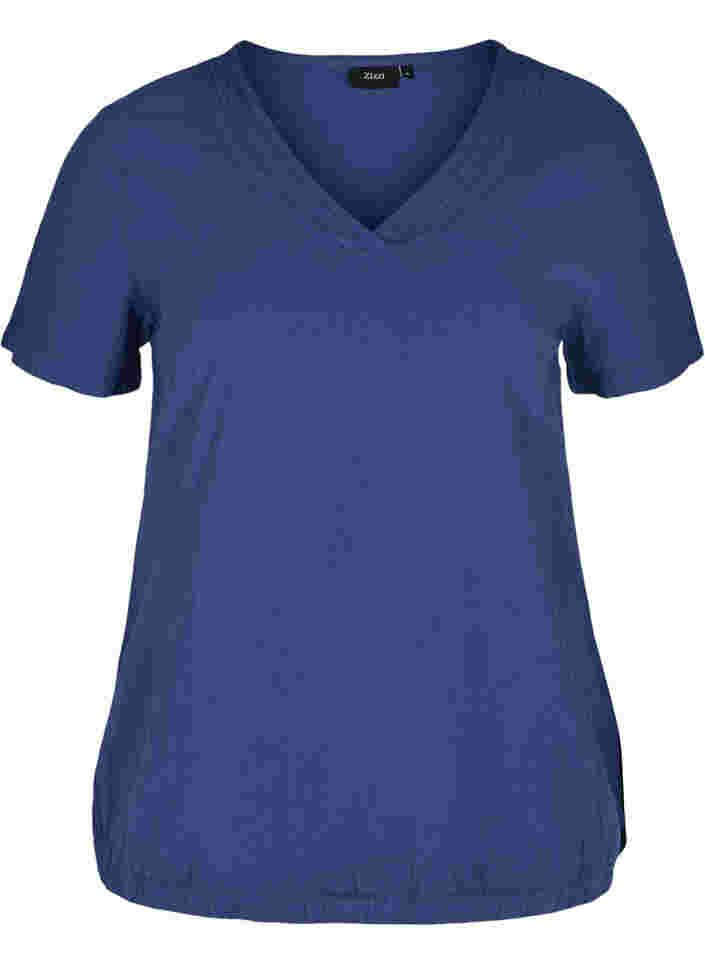 Short-sleeved cotton blouse with a v-neck, Twilight Blue, Packshot image number 0