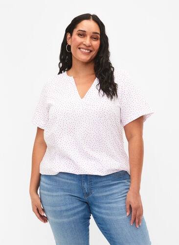 Cotton t-shirt with dots and v-neck, B.White/S. Pink Dot, Model image number 0