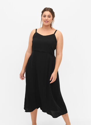Plain coloured viscose strap dress with smock, Black, Model image number 3