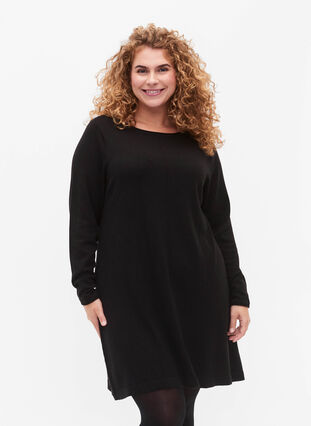 Knitted dress in cotton-viscose blend, Black Mel., Model image number 0