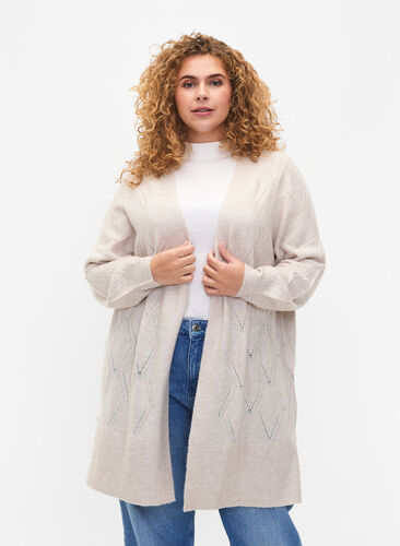 Long knitted cardigan with hole pattern, Birch Mel., Model image number 0