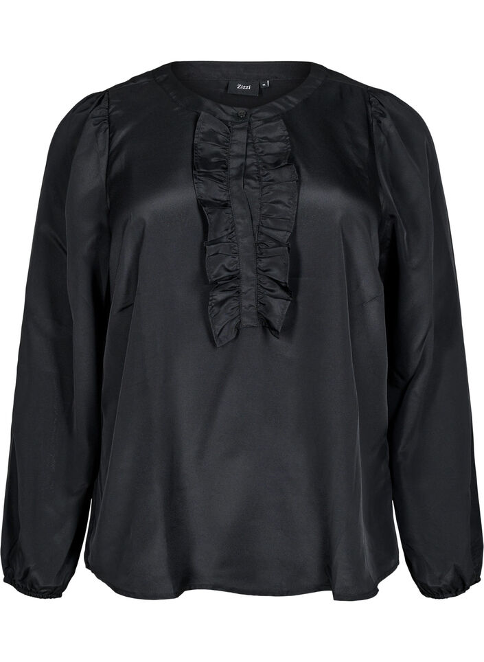 Satin blouse with ruffle detail, Black, Packshot image number 0