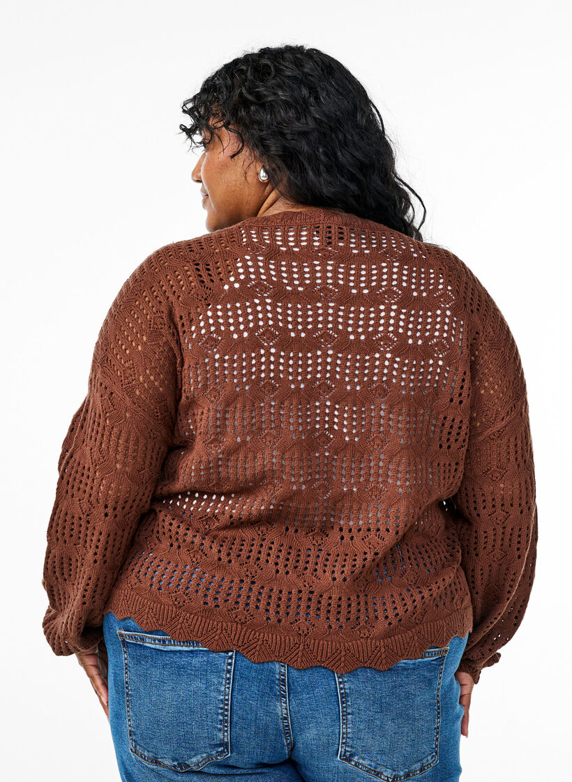 Loose knitted blouse with eyelet pattern, Brown, Model image number 2