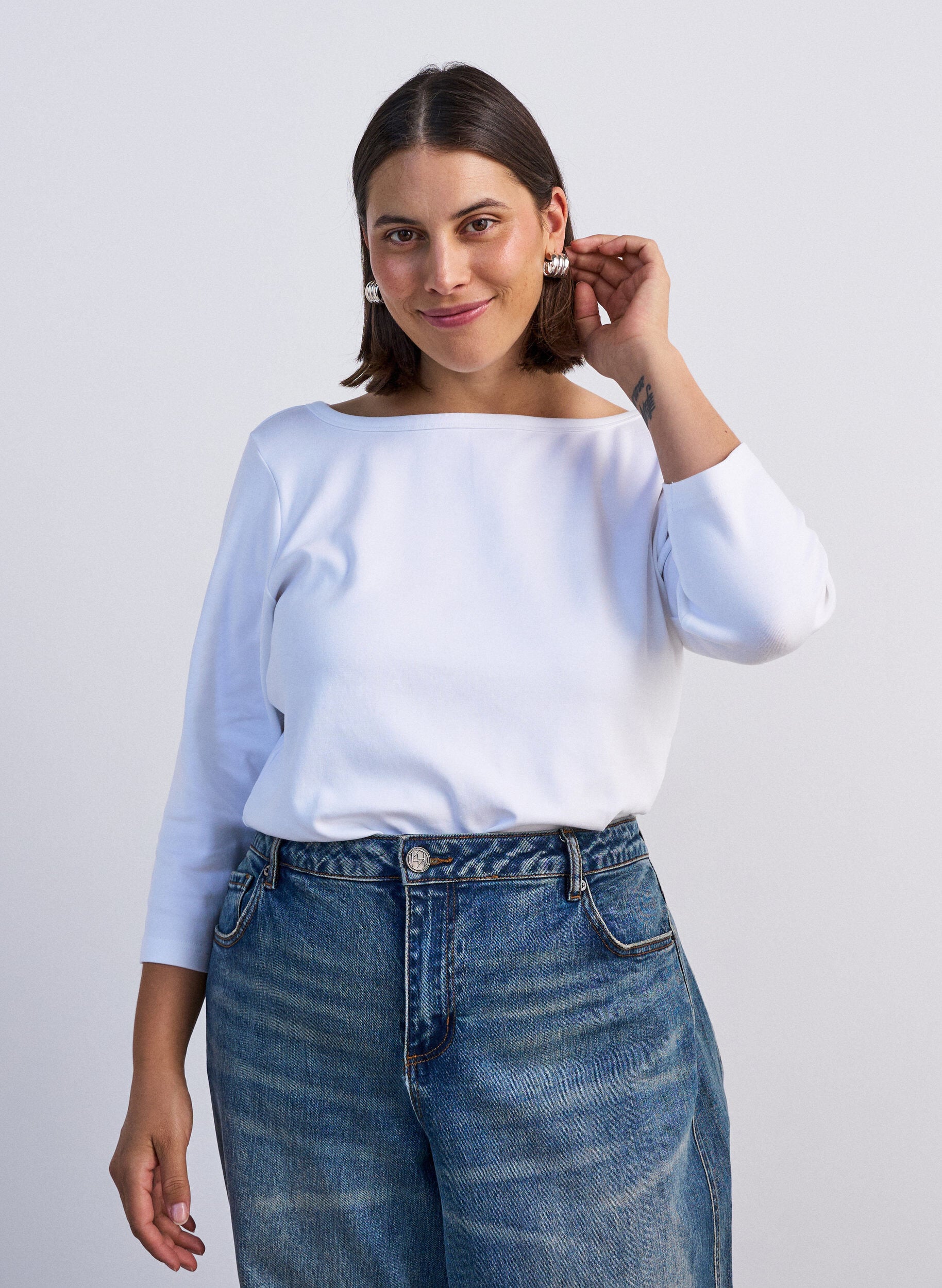ZizzifashionBasic T-shirt with boat neckline and 3/4 sleeves, White, Model image number 0