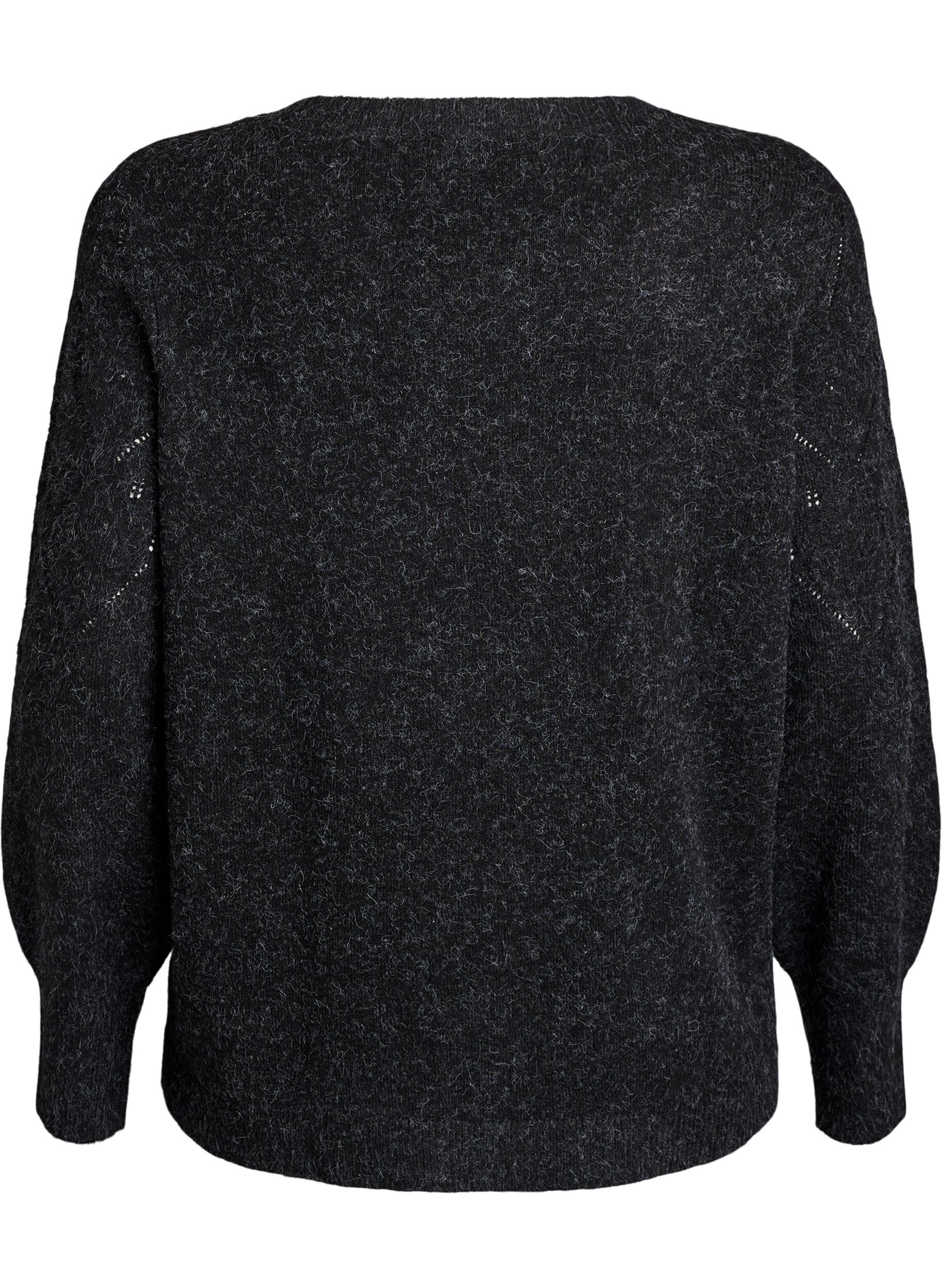 Zizzifashion Knitted top with openwork pattern and balloon sleeves, Dark Grey, Packshot image number 1