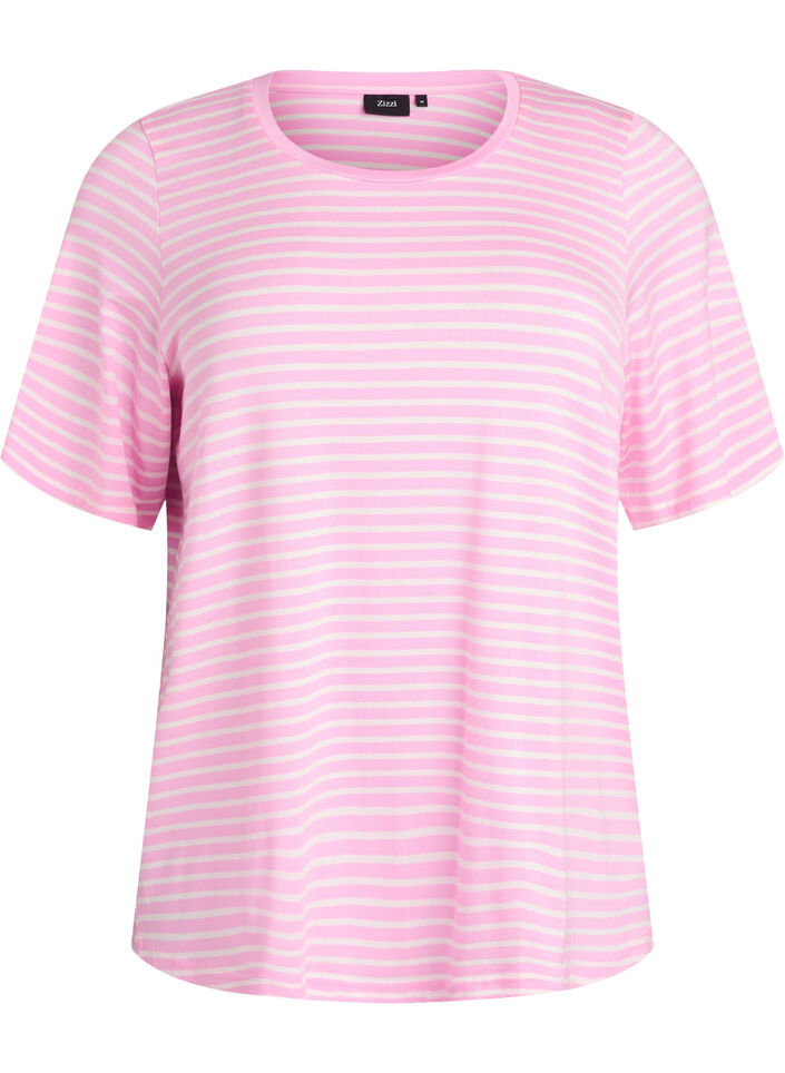 T-shirt with TENCEL™ Lyocell and stripes, Pink, Packshot image number 0