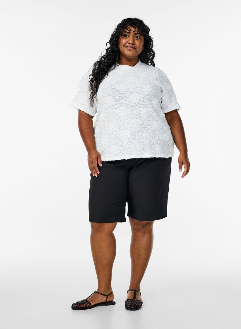 Blouse with 3D flowers and short sleeves, White, Model image number 1