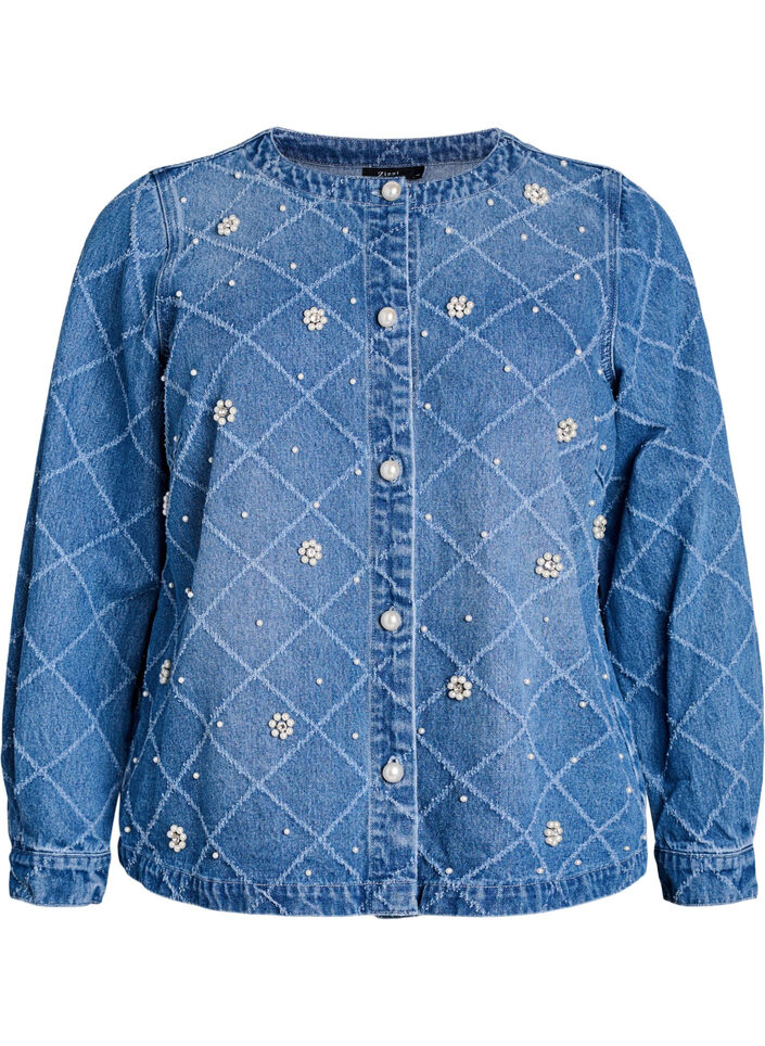 Denim shirt with destroyed pattern and pearl details, Light Blue, Packshot image number 0