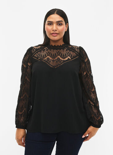 Long sleeve blouse with lace, Black, Model image number 0
