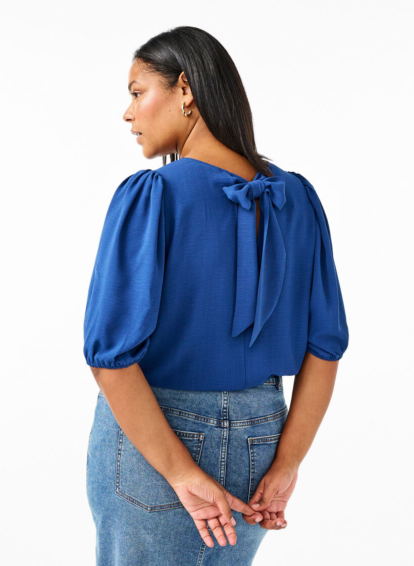 Short-sleeved blouse with a bow at the back, Estate Blue, Model image number 1