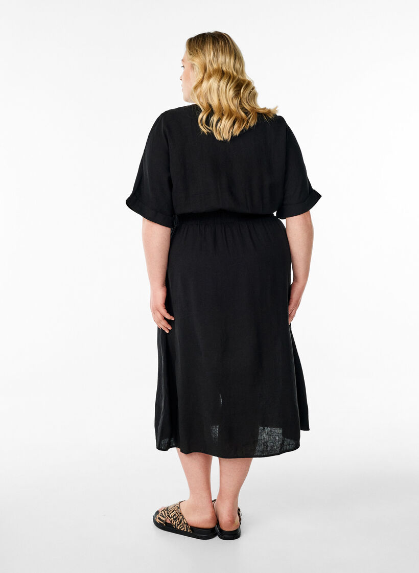 Linen and viscose midi dress with front slits, Black, Model image number 1