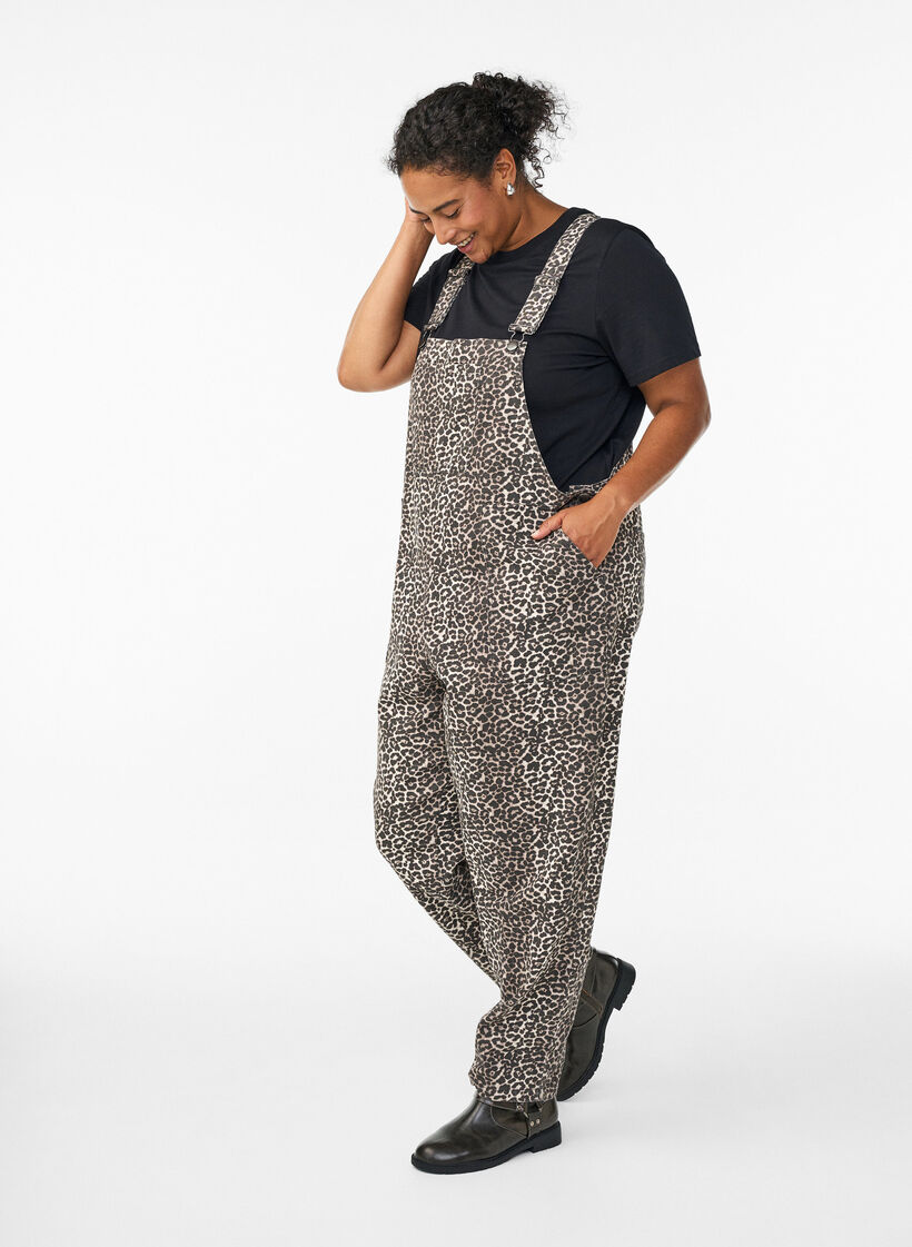Leopard print denim dungarees, Brown, Model image number 0