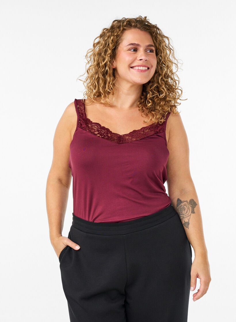 Viscose top with lace edge, Red, Model image number 0