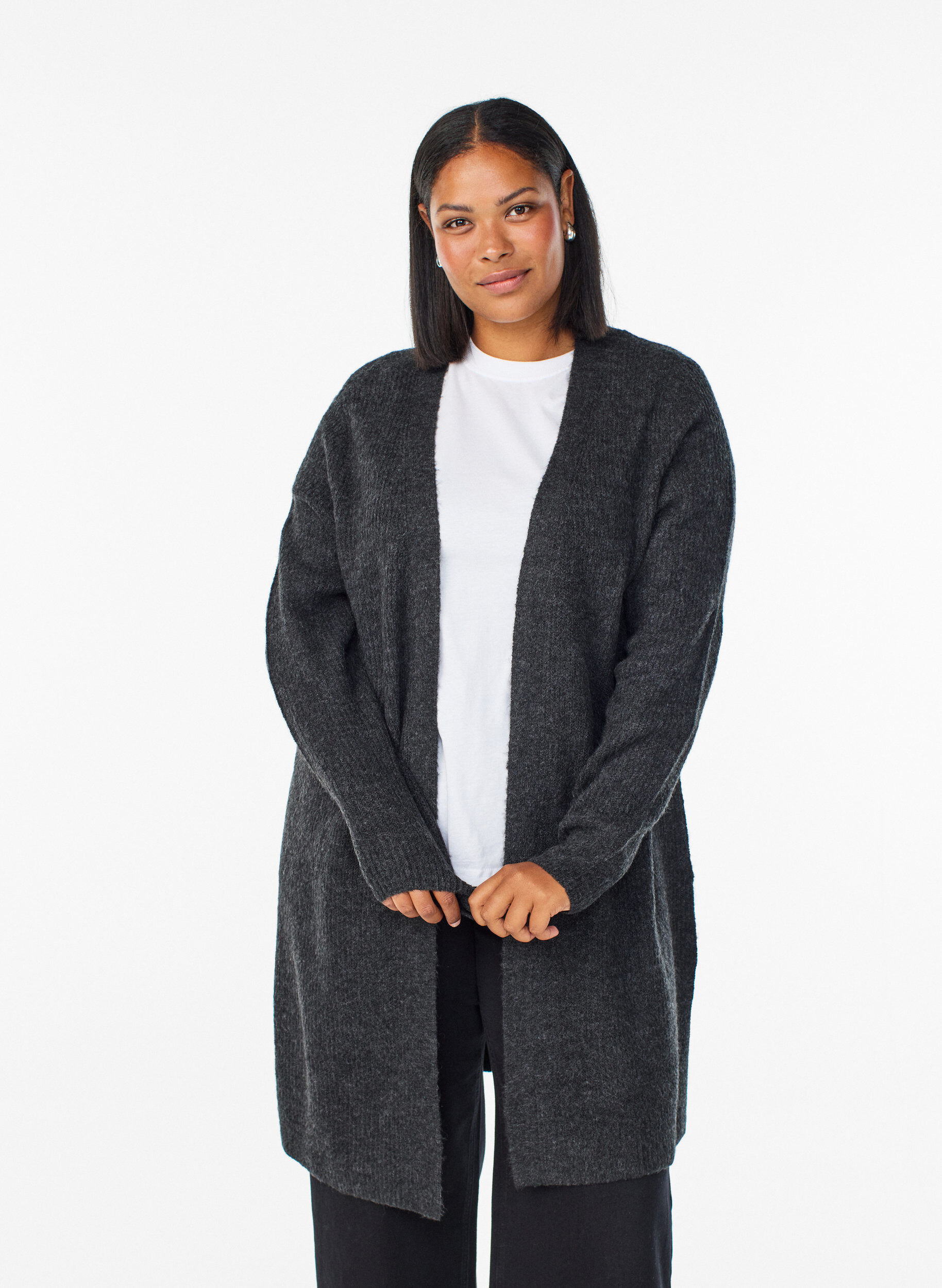 Long ribbed cardigan with an open front, Dark Grey, Model