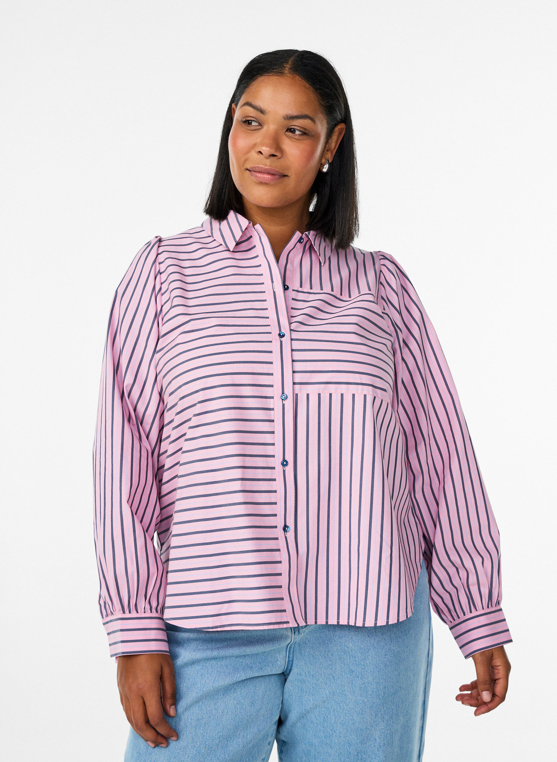 Zizzifashion Striped shirt with a classic collar and long sleeves, Pink, Model image number 0