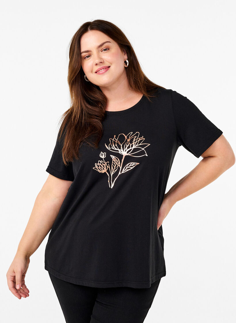 FLASH - T-shirt with motif, Black R. Gold Flower, Model image number 0