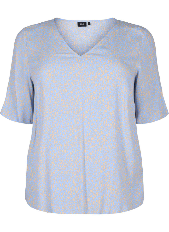V-neck blouse in viscose with print, Light Blue, Packshot image number 0