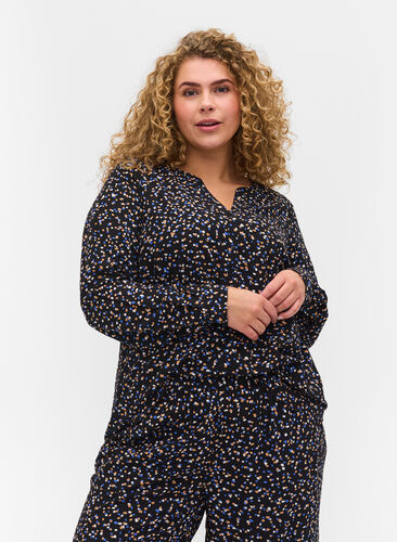 Patterned viscose blouse with long sleeves, Black Graphic , Model image number 0