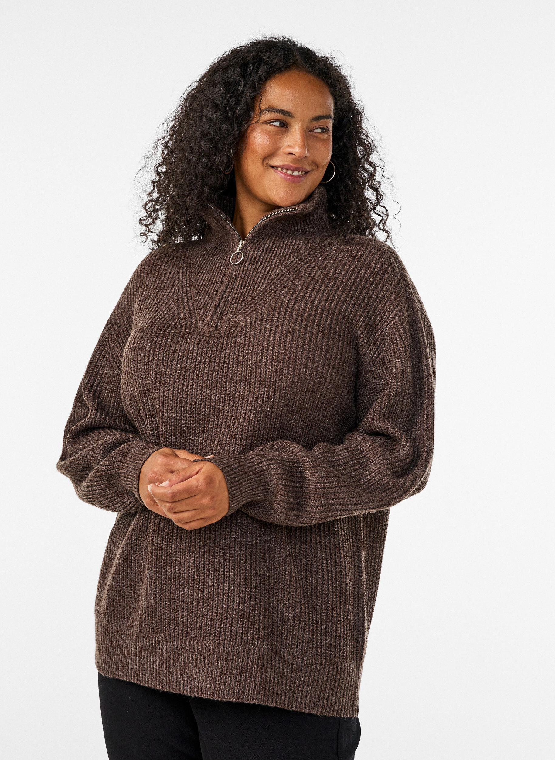 Knitted sweater with high neck and zipper, Brown, Model