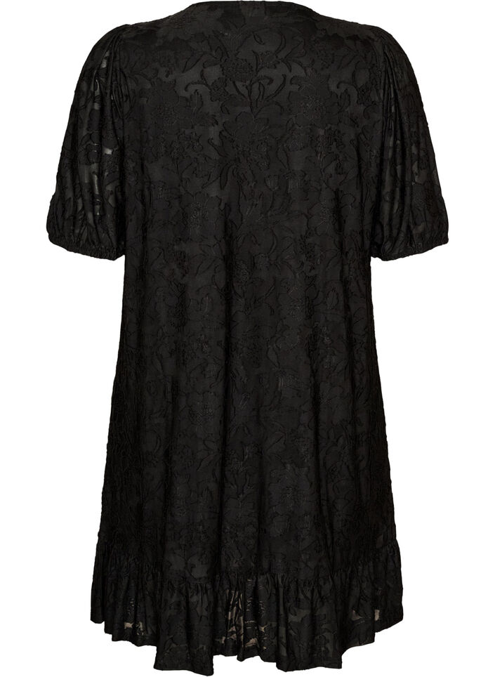 Dress with floral texture and ruffle trim, Black, Packshot image number 1