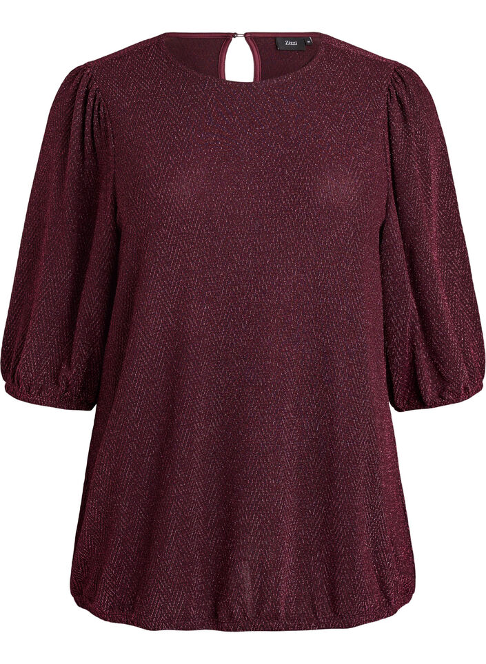 Blouse with glitter pattern and 3/4 sleeves, Dark Bordeaux, Packshot image number 0