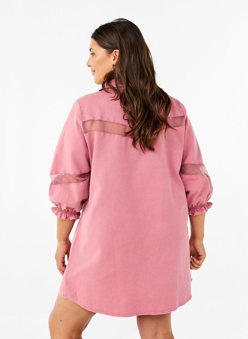 Coloured denim shirt dress with mesh details, Heather Rose, Model image number 1