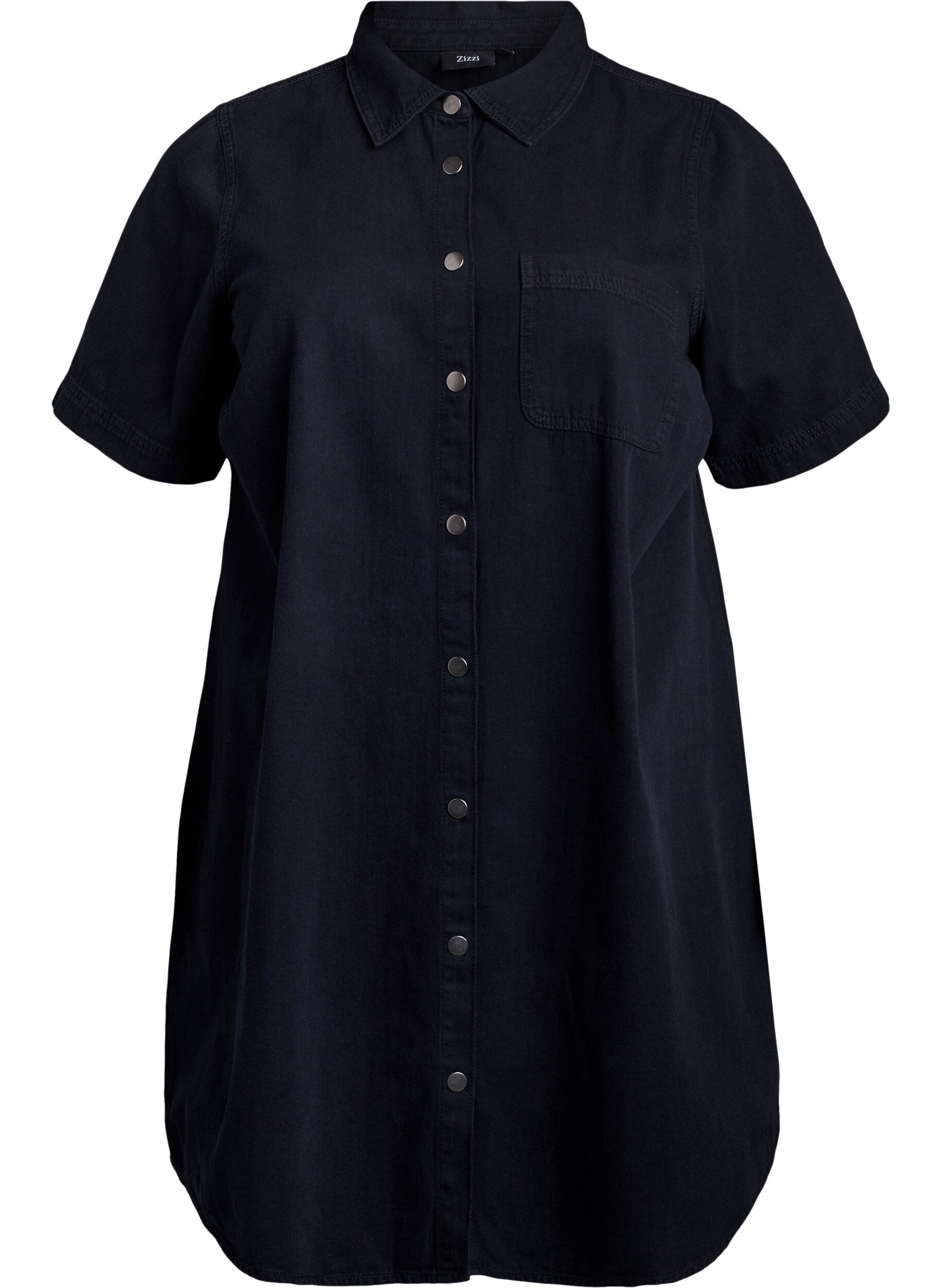 ZizzifashionDenim shirt dress with short sleeves, Black, Packshot image number 0